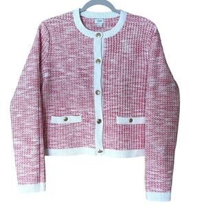 J.Crew Lady Sweater Cardigan Pink White Tweed Knit Gold Crest Buttons Size L